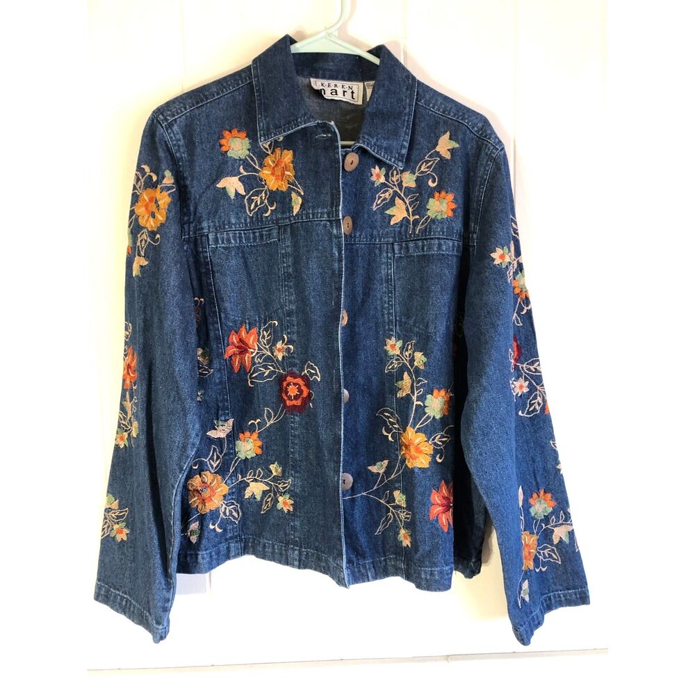 Vtg Keren Hart Embroidered Denim Jacket Medium M Boho Floral Jean Art To Wear
